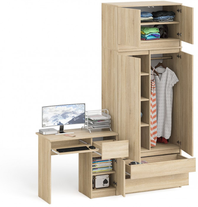 Мори компьютерный стол МС-1 правый + Шкаф МШ900.1 + Антресоль МА900.1, дуб сонома