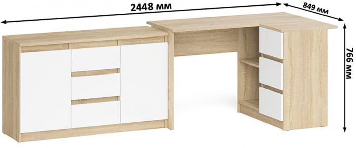 Мори Стол компьютерный МС-16 правый + Комод МК1200.3, цвет дуб сонома/белый, ШхГхВ 244,8х84,9х76,6 см., выдвижные ящики справа, НЕ универс. сборка
