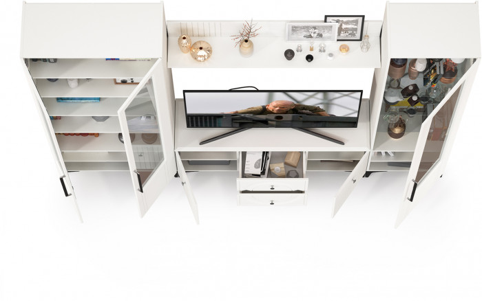 Валенсия Гостиная № 060, цвет ЛДСП белый шагрень/МДФ белый шагрень, ШхГхВ 272,2х38,3х225,2 см., ниша для ТВ 133х38х117 см., универсальная сборка