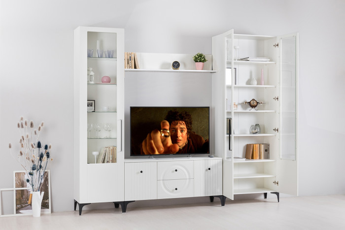 Валенсия Гостиная № 060, цвет ЛДСП белый шагрень/МДФ белый шагрень, ШхГхВ 272,2х38,3х225,2 см., ниша для ТВ 133х38х117 см., универсальная сборка