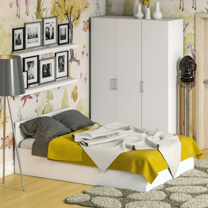 Спальня Стандарт 1-1400, цвет белый, ШхГхВ 143,5х203,5х70 + 135х52х200 см., сп.м. 1400х2000 мм., без матраса, основание есть