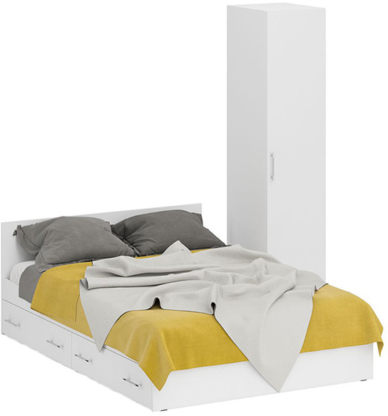 Кровать с ящиками 1400 + Пенал Стандарт, цвет белый, ШхГхВ 143,5х203,5х70 + 45х52х200 см., сп.м. 1400х2000 мм., без матраса, основание есть
