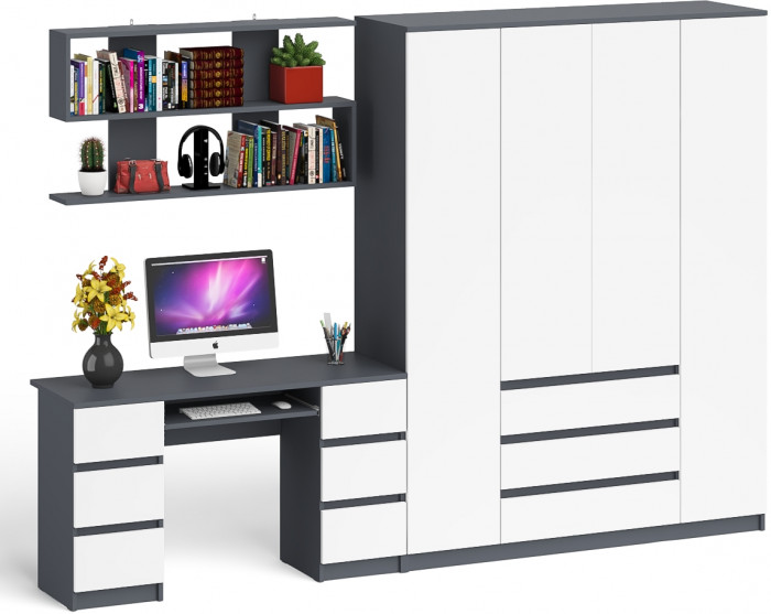 Мори компьютерный стол МС-2 + Шкаф МШ1600.1 + Полка 1200, графит/белый