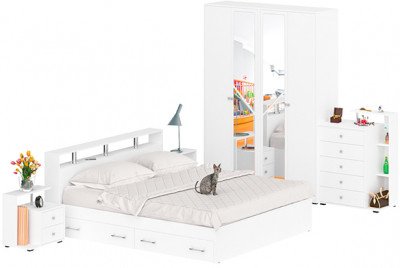 Камелия спальня № 11 Кровать с ящиками 1800 + Две тумбы + Комод + Шкаф 4-х створчатый, белый