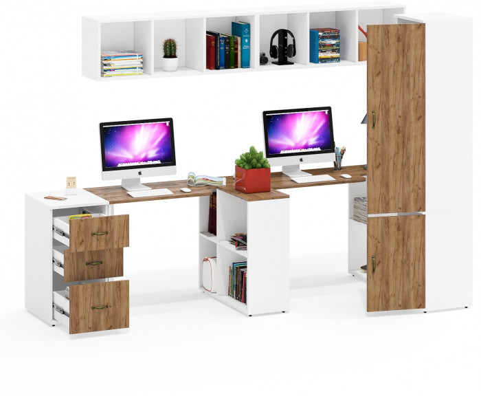 Лидер-8 Стол + Полка + Стол + Полка + Пенал МД 22Б + Тумба МД 3.16, белый шагрень/крафт золото