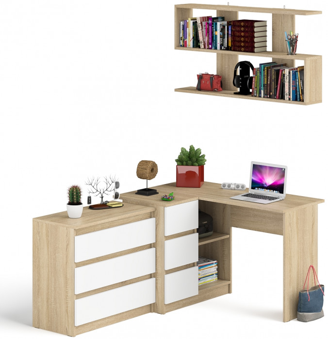 Мори компьютерный стол МС-16 левый + Комод МК800.1 + Полка 1200, дуб сонома/белый