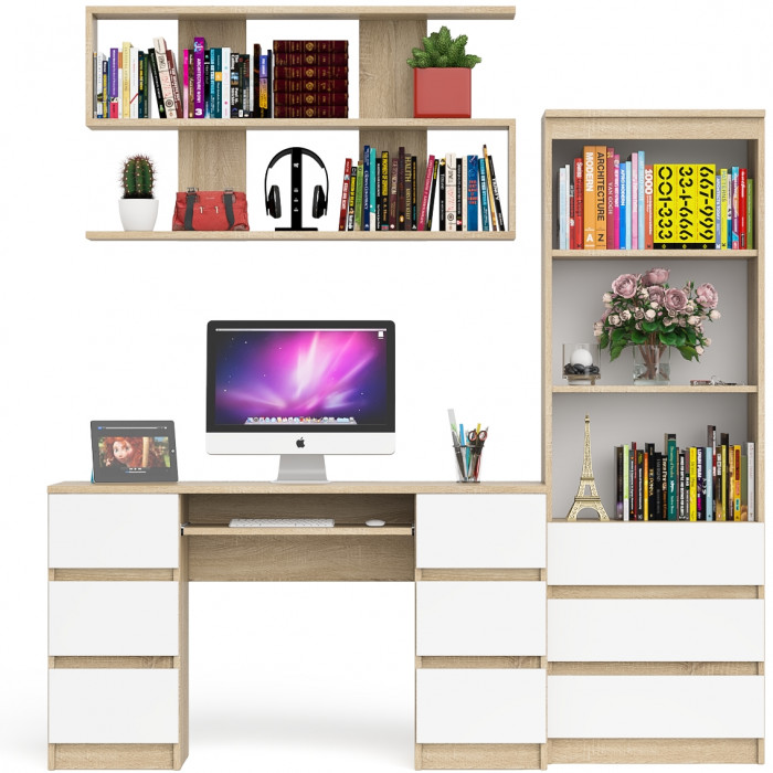 Мори компьютерный стол МС-2 + Стеллаж МСТ600.3 + Полка 1200, дуб сонома/белый