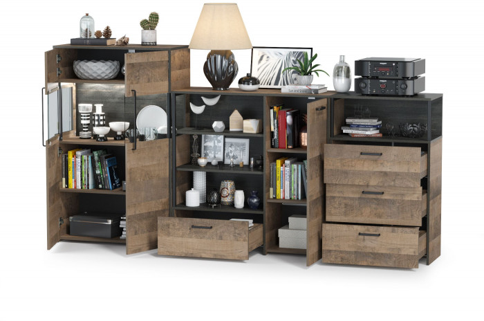 Трувор 13.307.01 Комод + 13.306 Комод с витриной + 13.307.02 Комод с ящиками, цвет дуб гранж песочный/интра, ШхГхВ 260,8х37х135,3 см., ун. сборка