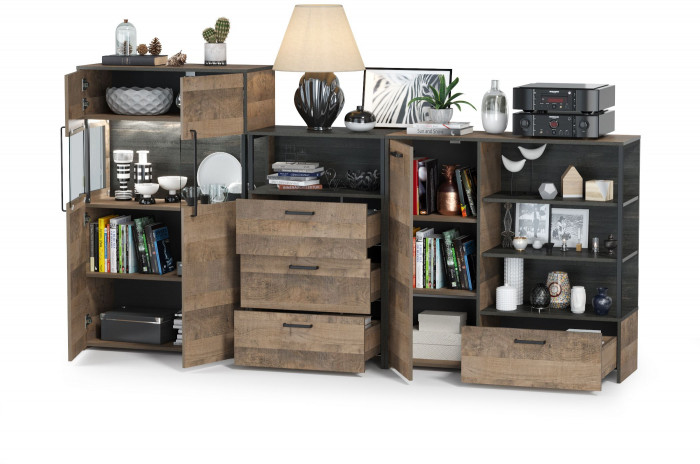 Трувор 13.307.01 Комод + 13.306 Комод с витриной + 13.307.02 Комод с ящиками, цвет дуб гранж песочный/интра, ШхГхВ 260,8х37х135,3 см., ун. сборка