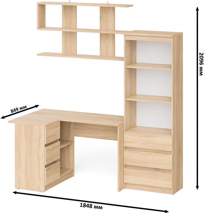 Мори компьютерный стол МС-16 левый + Стеллаж МСТ600.3 + Полка 1200, дуб сонома