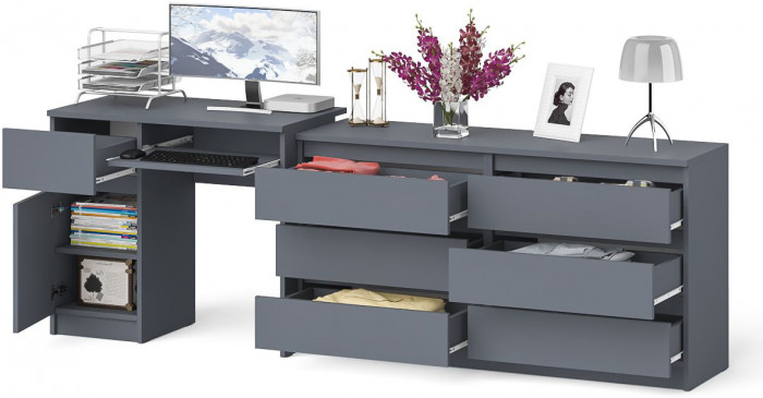 Мори Стол компьютерный МС-1 левый + Комод МК1380.6, цвет графит, ШхГхВ 228х50х76,6 см., выдвижной ящик слева, НЕ универсальная сборка
