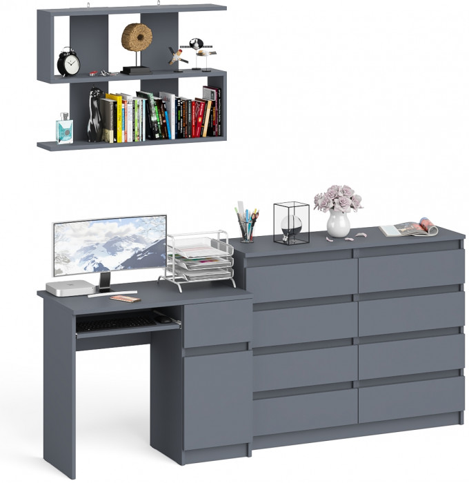 Мори Стол компьютерный МС-1 правый + Комод МК1200.8 + Полка 900, цвет графит, ШхГхВ 210,4х50х209,6 см., НЕ универсальная сборка