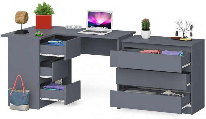 Мори Стол компьютерный МС-16 левый + Комод МК800.1, цвет графит, ШхГхВ 204,8х84,9х76,6 см., выдвижные ящики слева, НЕ универсальная сборка