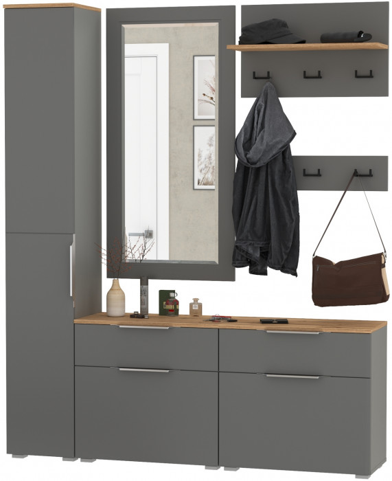 Октава Прихожая 44, цвет серый графит/дуб крафт золотой/фасады МДФ серый графит, ШхГхВ 162х35,4х197,6 см., универсальная сборка