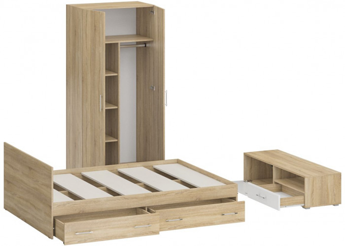 Спальня Стандарт 3-1400Я, дуб сонома/фасады ТВ тумбы МДФ белый глянец