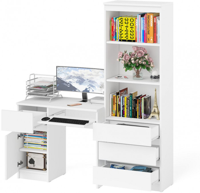 Мори компьютерный стол МС-1 левый + Стеллаж МСТ600.3, белый