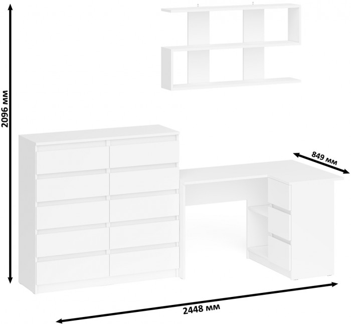 Мори компьютерный стол МС-16 правый + Комод МК1200.10 + Полка 1200, белый