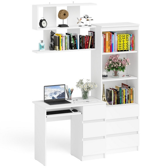 Мори компьютерный стол МС-6 правый + Стеллаж МСТ600.3 + Полка 900, белый