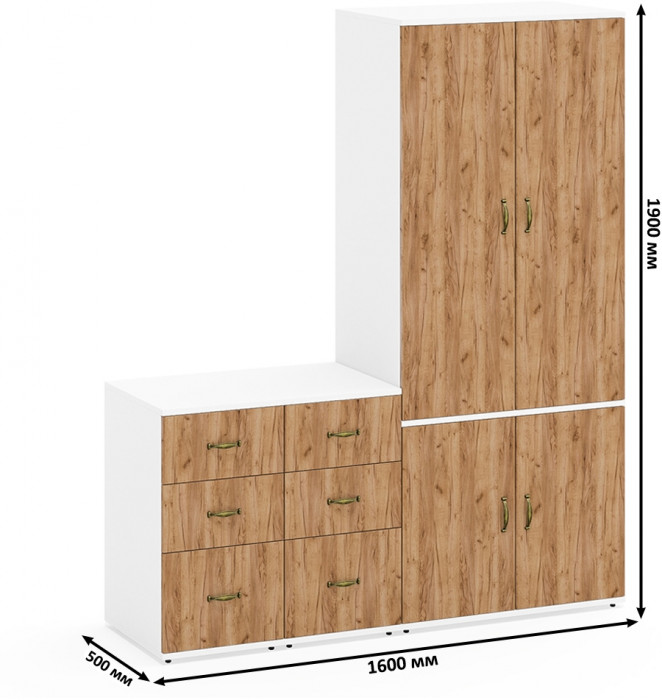 Лидер-8 Шкаф МД 19Б + Тумба МД 3.16 + Тумба МД 3.16, цвет белый шагрень/крафт золото, ШхГхВ 160х50х190 см., универсальная сборка