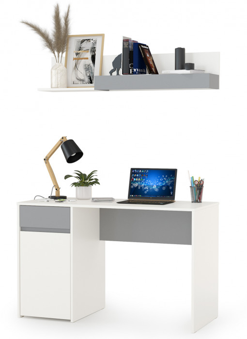 Торонто 12.149 Стол + 16.475 Полка, цвет белый шагрень/стальной серый, ШхГхВ 120х53,1х150 см., универсальная сборка