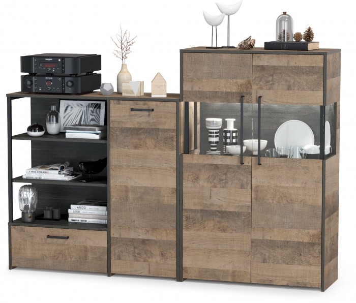 Трувор 13.307.01 Комод + 13.306 Комод с витриной, цвет дуб гранж песочный/интра, ШхГхВ 194,8х37х135,3 см., универсальная сборка