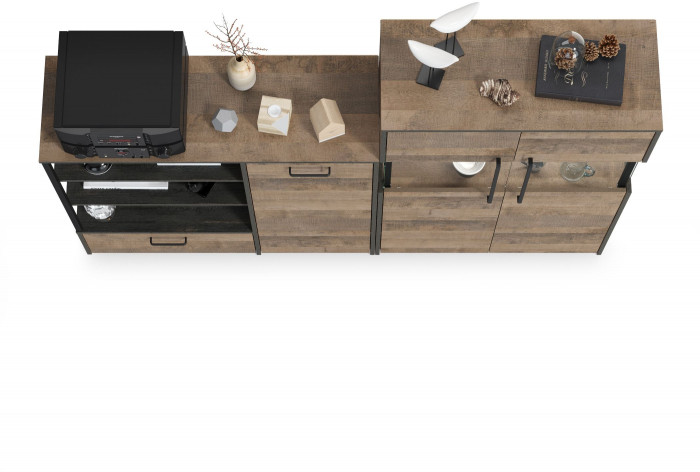 Трувор 13.307.01 Комод + 13.306 Комод с витриной, цвет дуб гранж песочный/интра, ШхГхВ 194,8х37х135,3 см., универсальная сборка