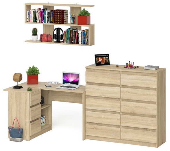 Мори компьютерный стол МС-16 левый + Комод МК1200.10 + Полка 1200, дуб сонома
