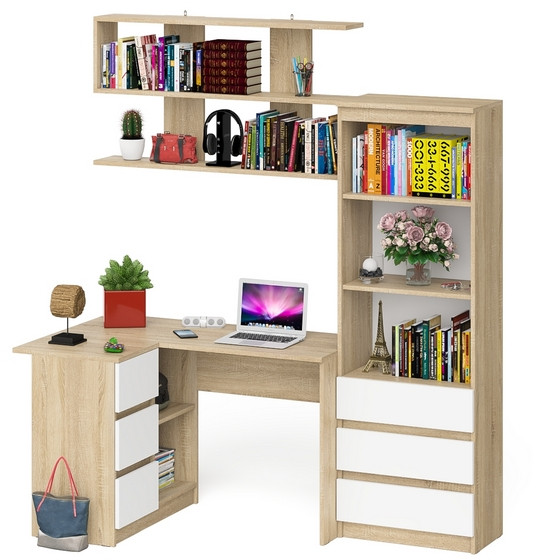 Мори компьютерный стол МС-16 левый + Стеллаж МСТ600.3 + Полка 1200, дуб сонома/белый
