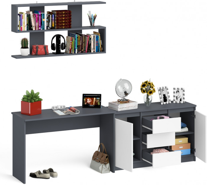 Мори Стол письменный МСП1200.1 + Комод МК1200.3 + Полка 1200, цвет графит/белый, ШхГхВ 240,8х50х209,6 см., универсальная сборка