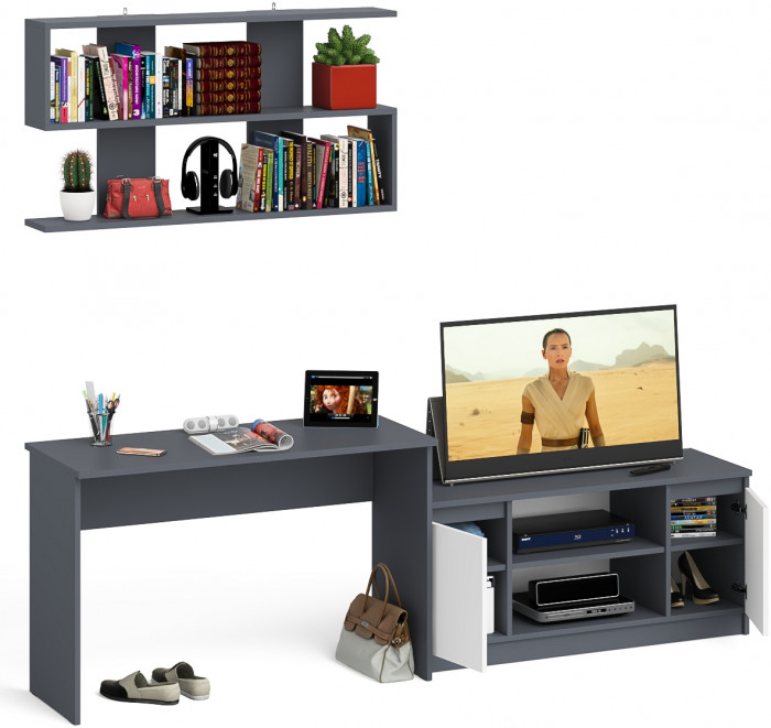 Мори Стол письменный МСП1200.1 + Тумба МТВ1200.1 + Полка 1200, цвет графит/белый, ШхГхВ 240,8х50х209,6 см., универсальная сборка