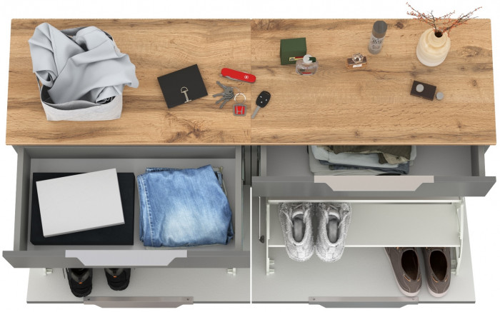 Октава 16.127 Тумба для обуви + 16.127 Тумба для обуви, цвет серый графит/дуб крафт золотой/фасады МДФ серый графит, ШхГхВ 129,8х35,4х62,2 см.