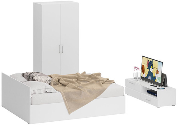 Спальня Стандарт 3-1600, белый/фасады ТВ тумбы МДФ белый глянец
