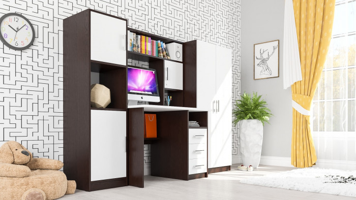 компьютерный стол С-МД-СК9+Пенал С-МД-СК9П+Шкаф С-МД-СК9Ш, венге/белый шагрень