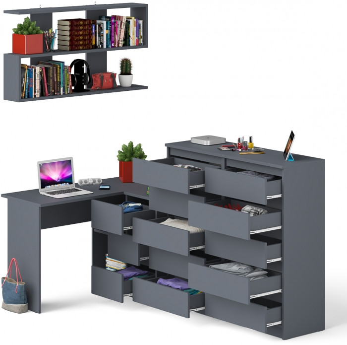 Мори компьютерный стол МС-16 правый + Комод МК1200.10 + Полка 1200, графит