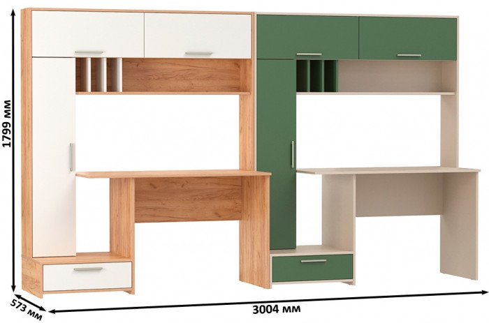 Два Стола письменных Лайт 03.243Н, цвет дуб крафт золотой/белый премиум/сатин/дымчатый зелёный, ШхГхВ 300,4х57,3х179,9 см., НЕ универсальная сборка