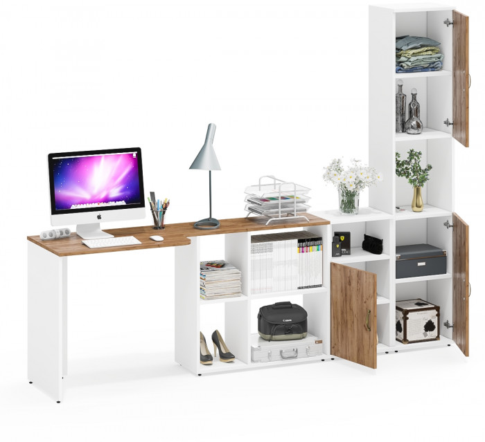 Лидер-8 Стол + Тумба МД 3.19 + Пенал, цвет белый шагрень/крафт золото, ШхГхВ 245х50/30х75/190 см. или 115х50/160х75/190 см., НЕ универсальная сборка