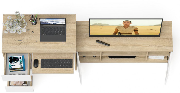 Мори Стол компьютерный МС-6 левый + Тумба МТВ1200.1, цвет дуб сонома/белый, ШхГхВ 210,4х50х76,6 см., выдвижные ящики слева, НЕ универсальная сборка