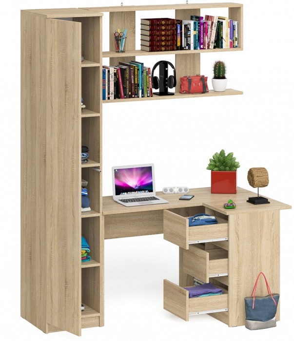 Мори компьютерный стол МС-16 правый + Пенал МШ400.1 + Полка 1200, дуб сонома