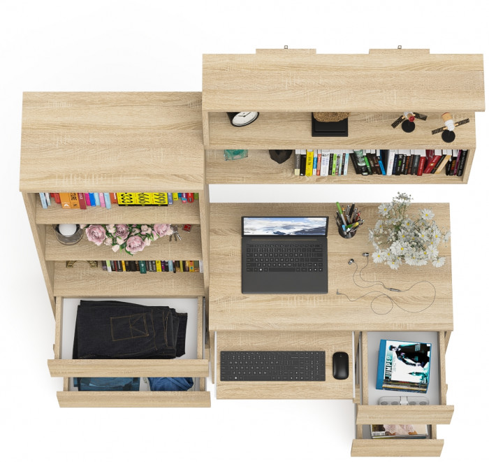 Мори компьютерный стол МС-6 правый + Стеллаж МСТ600.3 + Полка 900, дуб сонома