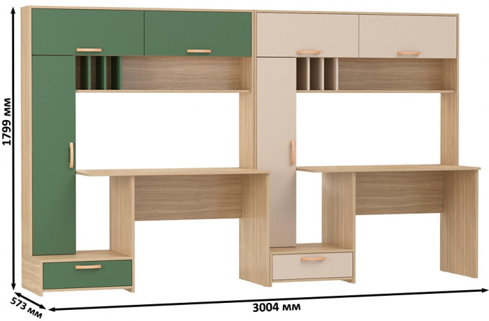 Два Стола письменных Лайт 03.243Н, цвет плэйн/дымчатый зелёный/плэйн/сатин, ШхГхВ 300,4х57,3х179,9 см., НЕ универсальная сборка