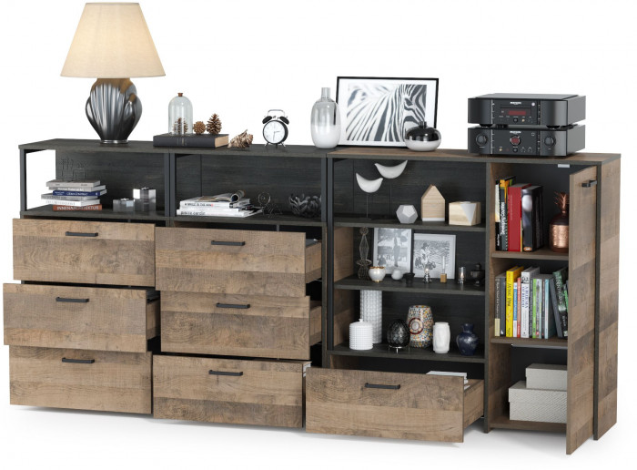 Трувор 13.307.01 Комод + 13.307.02 Комод с ящиками + 13.307.02 Комод с ящиками, цвет дуб гранж песочный/интра, ШхГхВ 241х37х106,9 см., ун. сб.