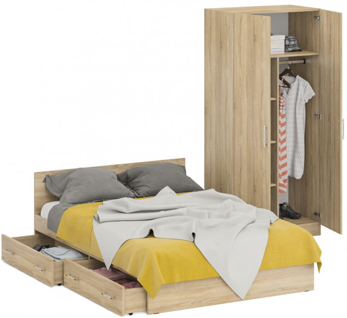 Кровать с ящиками 1400 + Шкаф 2-х створчатый Стандарт, цвет дуб сонома, ШхГхВ 143,5х203,5х70 + 90х52х200 см., сп.м. 1400х2000 мм., б/м, основание есть