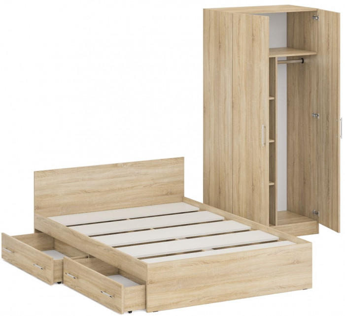 Кровать с ящиками 1400 + Шкаф 2-х створчатый Стандарт, цвет дуб сонома, ШхГхВ 143,5х203,5х70 + 90х52х200 см., сп.м. 1400х2000 мм., б/м, основание есть