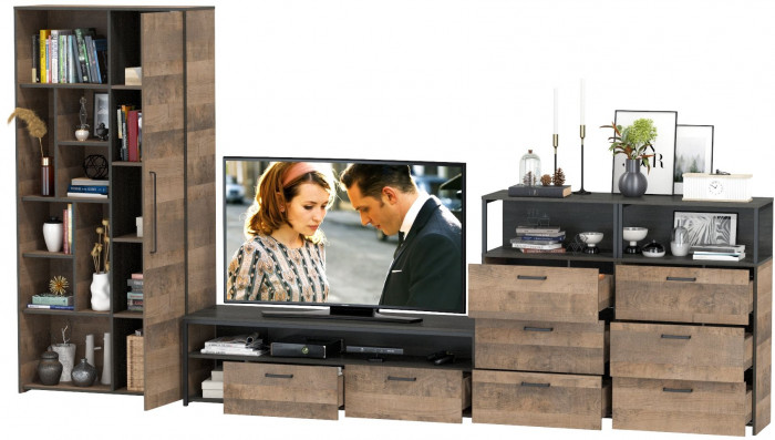 Трувор Гостиная 104, цвет дуб гранж песочный/интра, ШхГхВ 374,8х45,4х195 см., универсальная сборка