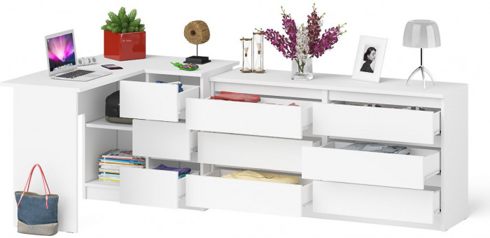 Мори Стол компьютерный МС-16 правый + Комод МК1380.6, цвет белый, ШхГхВ 262,4х84,9х76,6 см., выдвижные ящики справа, НЕ универсальная сборка