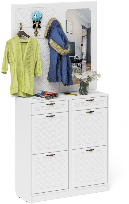 Прихожая П-6 Компоновка № 05, цвет белая шагрень/фасады МДФ белое дерево фрезеровка ромб, ШхГхВ 110х35х200 см.