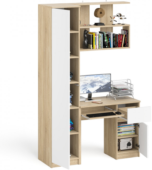Мори компьютерный стол МС-1 правый + Пенал МШ400.1 + Полка 900, дуб сонома/белый