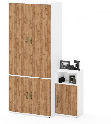 Лидер-8 Шкаф МД 19Б + Тумба МД 3.19, цвет белый шагрень/крафт золото, ШхГхВ 120х50х190 см., универсальная сборка