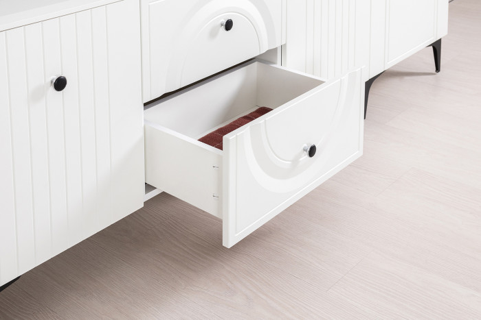 Валенсия Гостиная № 066, цвет ЛДСП белый шагрень/МДФ белый шагрень, ШхГхВ 327,2х38,3х225,2 см., ниша для ТВ 133х38х117 см., универсальная сборка