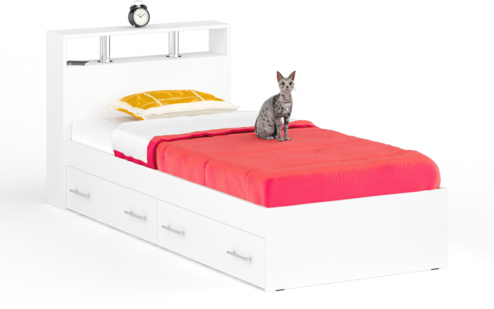 Камелия Кровать с ящиками 0900, цвет белый, ШхГхВ 93,5х217х78,2 см., сп.м. 900х2000 мм., без матраса, основание есть